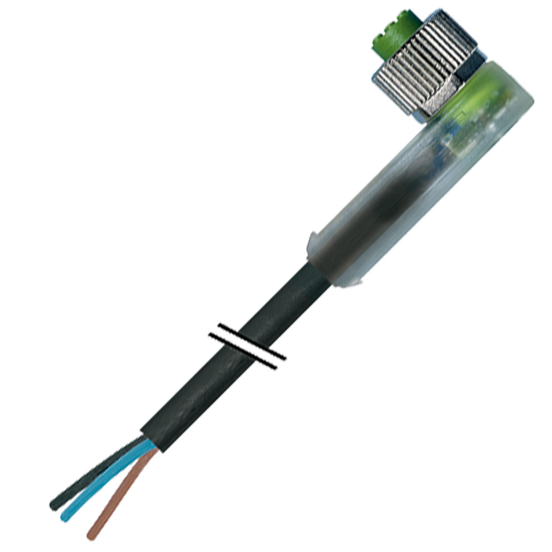 Murr M8, female, 90°, A-code, with cable, LED, PUR 3x0.25, black, UL/CSA, 5m