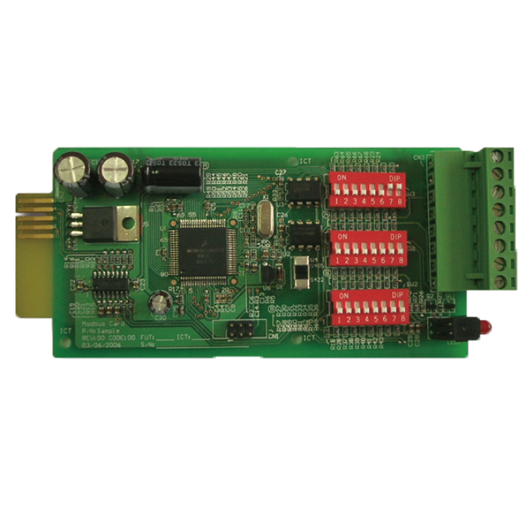 Delta F Modbus card with RS485 communication connector, 130 x 60mm dimensions for UPS system integration