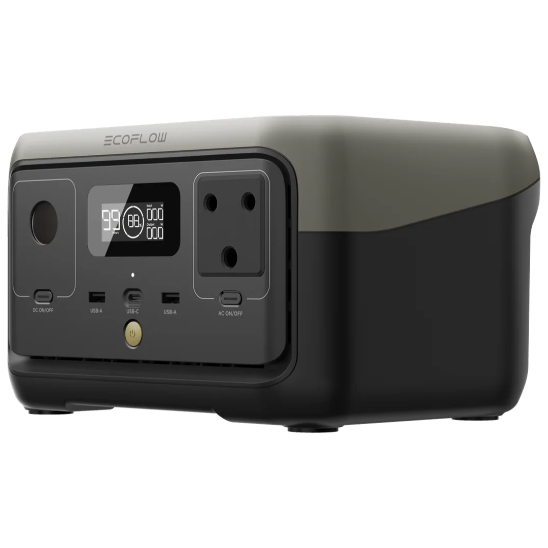EcoFlow River 2 power station with multiple output ports including AC, USB-A, and USB-C