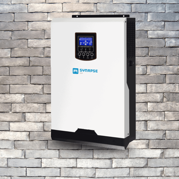 Front view of Synapse 5000W inverter showing MPPT charge controller interface