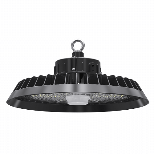 UFO Highbay 150W black industrial LED light fixture with 90-degree angle, includes driver and cable
