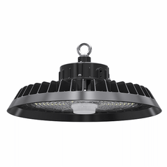 UFO Highbay 150W black industrial LED light fixture with 90-degree angle, includes driver and cable