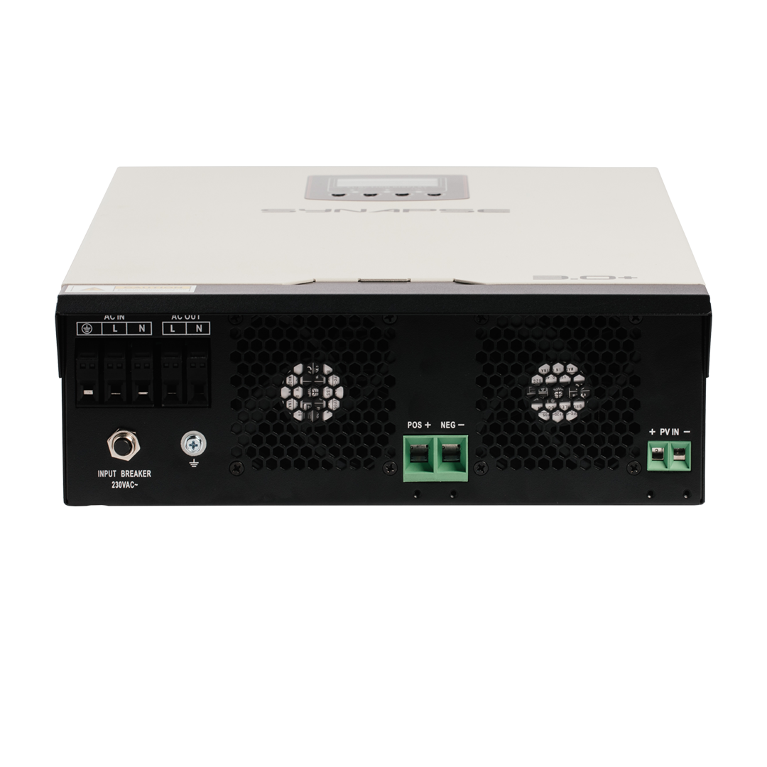 Front panel display and control interface of Synapse 3.0+ 3kW inverter showing operational status indicators